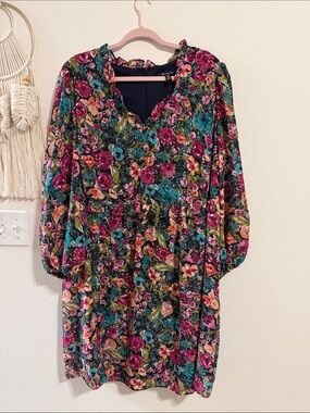Suite 7 Size 18W Vibrant Floral V-Neck Dress - Teal, Magenta & Green